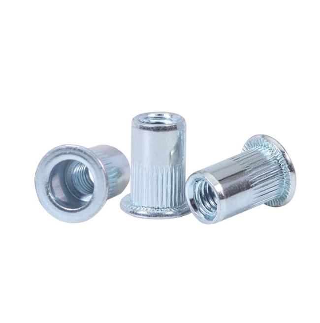 Carbon Steel Flat Head Knurled Body Thin Wall Ribbed Blue Zinc Rivet Nut 3