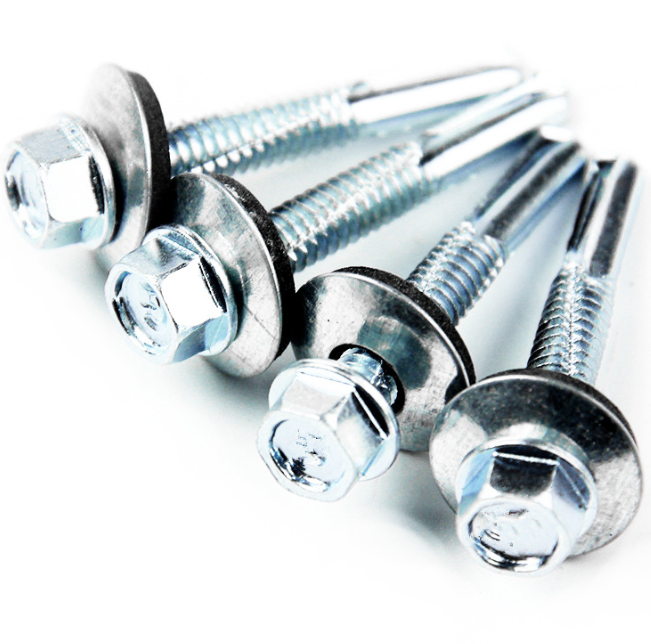 Blue-White Zinc Plated Carbon Steel Flange Head Self-Drilling Screws with EPDM Sealing Washer 1